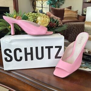Brand New SCHUTZ Genuine Leather Rose Pink Agape Slides Heels Sandals Brazil